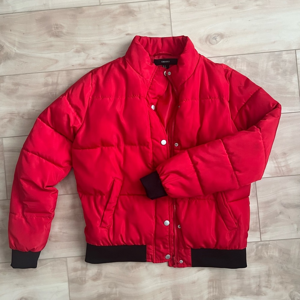 Red puffer jacket